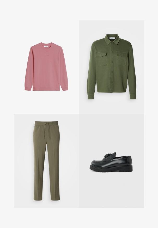 Mikina s dlhým rukávom a okrúhlym výstrihom v tlmenej ružovej farbe s rebrovanými manžetami a lemom, s jemným logom "Marc O'Polo DENIM" na hrudi.; Olivovo zelená košeľa na zapínanie na gombíky, vyrobená z textúrovanej tkaniny, s dvoma náprsnými vreckami a golierom so zapínaním na gombíky.; Olivovo zelené, ľahké nohavice s elastickým pásom a nastaviteľným sťahovacím šnúrkou; rovný strih a hladká textúra.; Čierna kožená mokasína s strapcami, hrubou gumovou podrážkou a nízkym podpätkom, zobrazená z profilu na jednofarebnom pozadí.