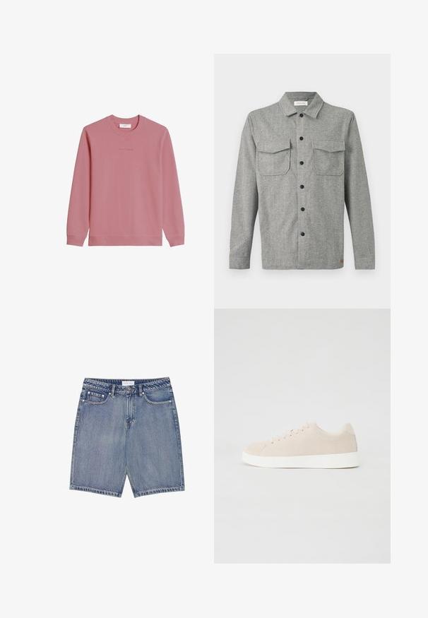 Pikemate varrukatega roosaka tooniga pusa, millel on soonikkoes mansetid ja alumine äär; rinnal on peen "Marc O'Polo DENIM" logo.; Hall hallimustriga pika varrukaga särkjakk mustade nööpidega, kahe esiklapiga taskuga ja väikese brändimärgiga ääre lähedal.; Heledad šortsid helesinisest denimist, viie tasku, vöökohaga ja kontrastsete õmblustega. Sirge lõige ja tooriku ots.; Beige suede tossud valgete kummitaldadega, ümmarguse varbaga ja kuue silmaga nööpimiseks. Sile tekstuur ja minimalistlik disain.