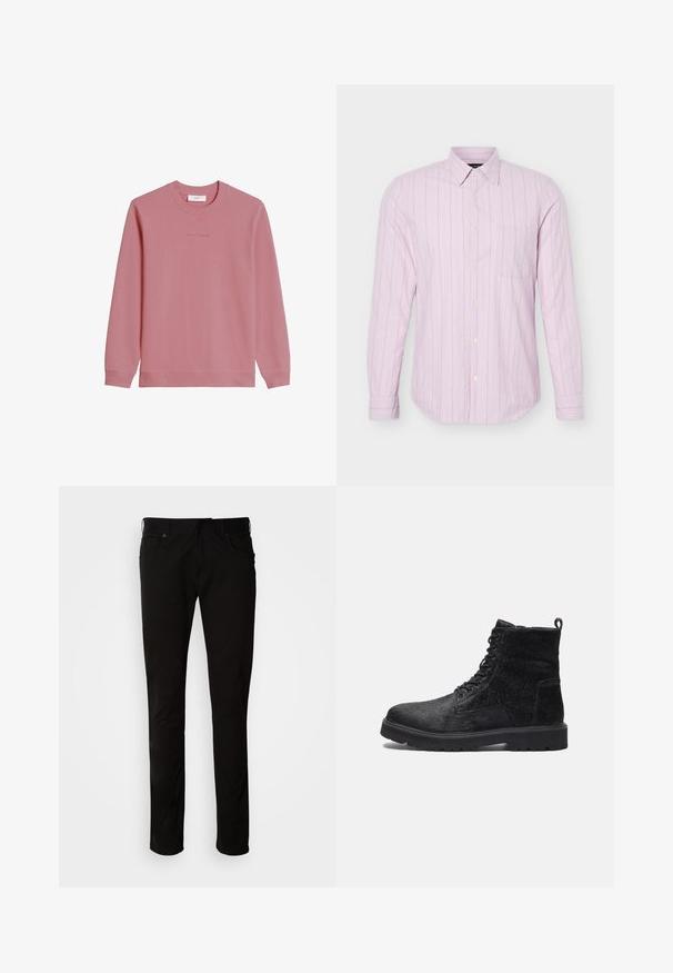 Sweat-shirt à manches longues et col rond de couleur rose pâle avec poignets et ourlet côtelés, arborant un logo discret "Marc O'Polo DENIM" sur la poitrine.; Chemise rose clair à manches longues avec fines rayures verticales blanches et une poche poitrine unique, présentée sur un fond blanc.; Pantalons noirs à jambes droites en tissu mélangé de coton. Comprend des poches avant, des passants de ceinture et une fermeture à zip classique.; Bottines noires à cheville avec un dessus texturé, présentant un laçage à l'avant, une semelle en caoutchouc robuste et une languette à l'arrière pour un enfilage facile.