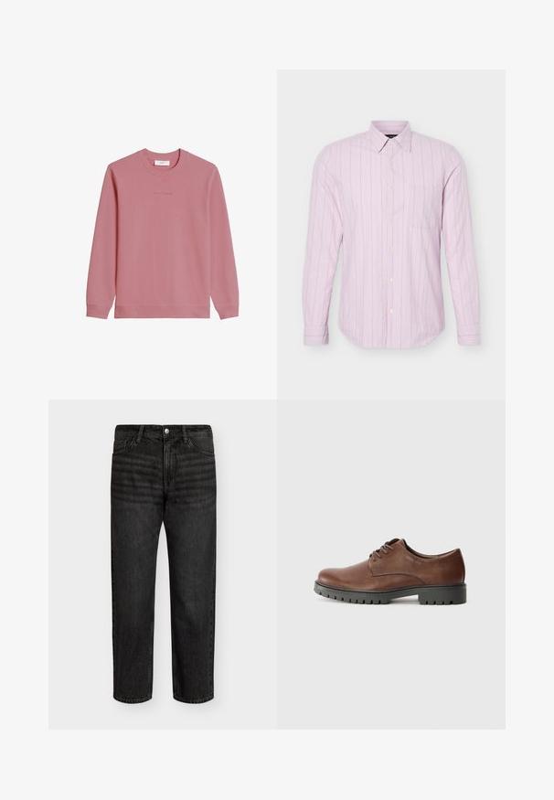 Sweat-shirt à manches longues et col rond de couleur rose pâle avec poignets et ourlet côtelés, arborant un logo discret "Marc O'Polo DENIM" sur la poitrine.; Chemise rose clair à manches longues avec fines rayures verticales blanches et une poche poitrine unique, présentée sur un fond blanc.; Jeans en denim noir avec une coupe droite, présentant une taille mi-haute, cinq poches et une fermeture à bouton en métal. Texture lisse avec des décolorations subtiles.; Chaussure oxford en cuir marron avec une texture lisse, bout rond et semelle extérieure en caoutchouc noir avec un motif de semelle. Lacets fixés à l'avant.