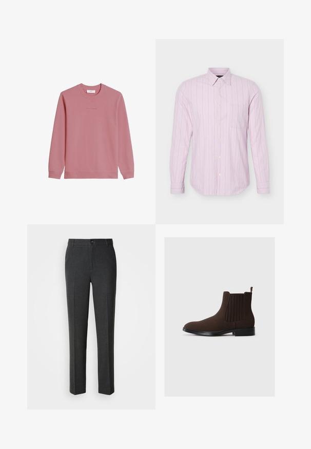 Pikemate varrukatega roosaka tooniga pusa, millel on soonikkoes mansetid ja alumine äär; rinnal on peen "Marc O'Polo DENIM" logo.; Hele roosa pika varrukaga nööpidega särk, millel on õhukesed vertikaalsed valged triibud ja üks rinnatasku, kuvatud valgel taustal.; Kohandatud tumedashallid püksid siledast kangast, millel on nööbikinnitus, kaks eesmist taskut ja sirge jala disain.; Pruun sametist Chelsea saabas elastsete külgpanelidega, madala kontsaga ja tõmberaamiga taga. Sile tekstuur ja voolujooneline disain.