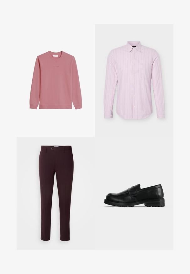 Sudadera de manga larga con cuello redondo en rosa apagado, con puños y dobladillo acanalados, que presenta un sutil logo "Marc O'Polo DENIM" en el pecho.; Camisa de manga larga rosa claro con botones, con finas rayas verticales blancas y un bolsillo en el pecho, mostrada sobre un fondo blanco.; Pantalones burdeos oscuros de corte slim, con cierre de botón, trabillas para cinturón y pliegues frontales. Tela suave con un diseño elegante.; Mocasín negro de cuero con suela gruesa y costura moc toe mostrado de perfil sobre un fondo claro y liso.