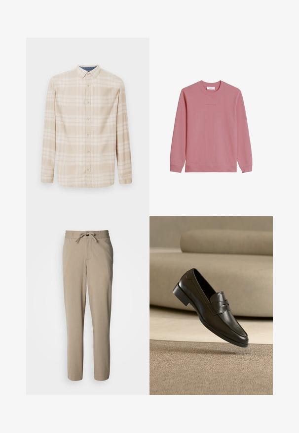 Langärmliges Sweatshirt mit Rundhalsausschnitt in gedecktem Rosa mit gerippten Bündchen und Saum, mit dezentem "Marc O'Polo DENIM" Logo auf der Brust.; Beige Karo-Hemd mit langen Ärmeln, einer Button-Down-Kragen, Vorderknöpfen und subtilen blauen Akzenten am Halsauschnitt. Hergestellt aus weichem Stoff.; Beige Hose aus weichem Stoff, mit einem Tunnelzug an der Taille und einem lockeren Schnitt, geraden Beinen und ohne sichtbare Taschen.; Schwarzer Leder-Slipper, der über einem beigen Teppich schwebt, mit einem beigen Sofa im Hintergrund, und zeigt das klassische Herren-Design zum Hineinschlüpfen.
