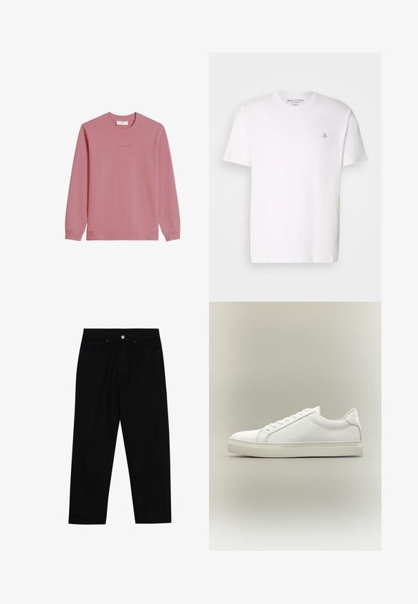 Mikina s dlhým rukávom a okrúhlym výstrihom v tlmenej ružovej farbe s rebrovanými manžetami a lemom, s jemným logom "Marc O'Polo DENIM" na hrudi.; Biele tričko s krátkym rukávom vyrobené z bavlny s okrúhlym výstrihom a malým sivým logom na hrudi. Hladká textúra, klasický strih.; Čierne rifle z denimu s rovnými nohavicami, vybavené dvoma prednými vreckami, zapínaním na gombíky a jemnými švami.; Biela nízka teniska so šnurovaním vpredu a hrubou podrážkou, zobrazená zboku na neutrálom pozadí.