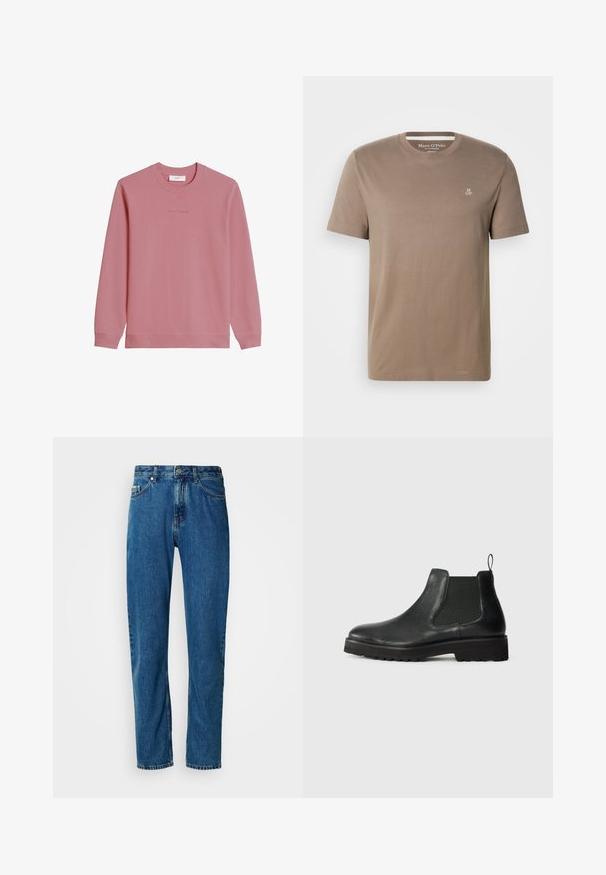 Mikina s dlhým rukávom a okrúhlym výstrihom v tlmenej ružovej farbe s rebrovanými manžetami a lemom, s jemným logom "Marc O'Polo DENIM" na hrudi.; Krátke tričko z bavlny v taupe farbe s okrúhlym výstrihom a malým bielym logom "M OP" na ľavej hornej strane hrudníka od značky Marc O'Polo.; Modré džíny s rovnými nohavicami, piatimi vreckami a predným zapínaním na gombík na bielom pozadí.; Čierna kožená chelsea obuv s elastickým bočným panelom, zaoblenou špičkou, textúrovanou podrážkou a malým poutkom na päte.