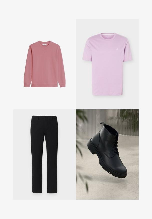 Mikina s dlhým rukávom a okrúhlym výstrihom v tlmenej ružovej farbe s rebrovanými manžetami a lemom, s jemným logom "Marc O'Polo DENIM" na hrudi.; Svetlofialové tričko s krátkym rukávom a okrúhlym výstrihom s malým bielym logom "M OP" na ľavej strane hrudníka, zobrazené na bielom pozadí.; Čierne chino nohavice so strihom s rovnými nohavicami, vyrobené z hladkej bavlnenej zmesi, s pútkami na opasok a zapínaním na predný gombík.; Čierne kožené členkové topánky s okrúhlou špicou, šnurovací dizajn a robustná gumová podrážka. Hladký povrch s pútkom na zadnej strane.