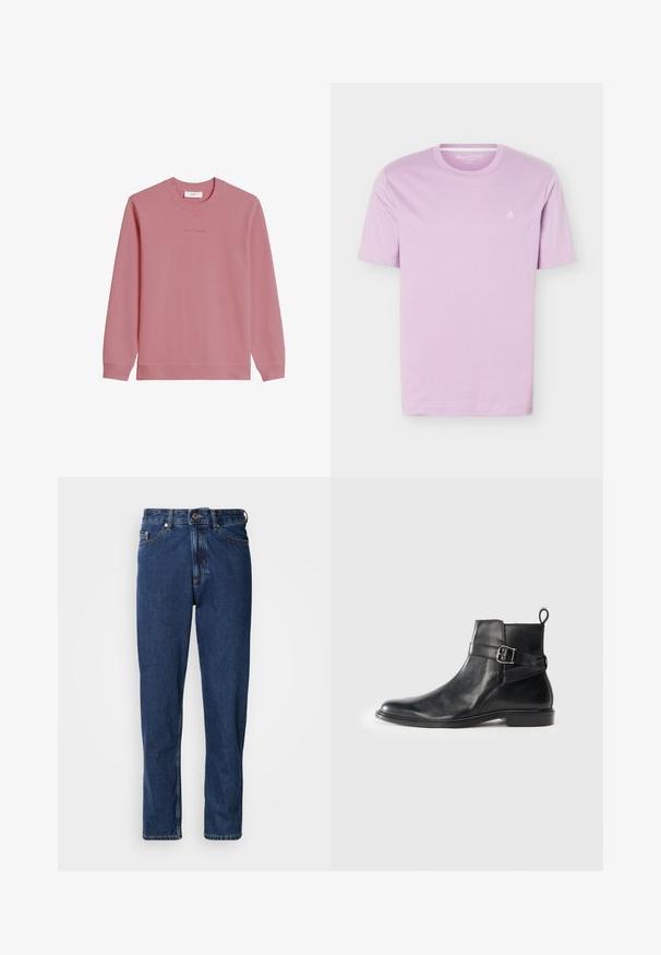Sweat-shirt à manches longues et col rond de couleur rose pâle avec poignets et ourlet côtelés, arborant un logo discret "Marc O'Polo DENIM" sur la poitrine.; T-shirt mauve clair à manches courtes avec col rond et petit logo blanc "M OP" sur le côté gauche de la poitrine, présenté sur un fond blanc.; Jean bleu foncé en denim, avec une coupe droite, style cinq poches et des coutures apparentes le long des coutures.; Bottes en cuir noir à talon, avec un bout rond, un détail de boucle sur le côté, et une languette à l'arrière. Semelle plate avec une finition légèrement brillante.