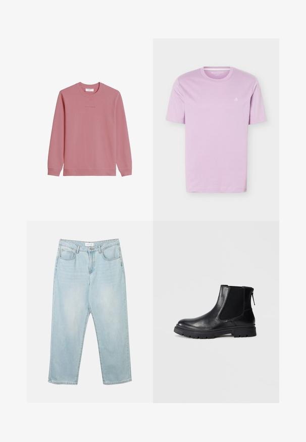 Sweat-shirt à manches longues et col rond de couleur rose pâle avec poignets et ourlet côtelés, arborant un logo discret "Marc O'Polo DENIM" sur la poitrine.; T-shirt mauve clair à manches courtes avec col rond et petit logo blanc "M OP" sur le côté gauche de la poitrine, présenté sur un fond blanc.; Jean en denim bleu clair avec une coupe décontractée, cinq poches, une fermeture à bouton et un léger délavage. La texture est douce et légèrement usée.; Bottine en cuir noir avec une finition lisse, des panneaux latéraux en maille élastique et une semelle robuste avec un motif de crampons visible.