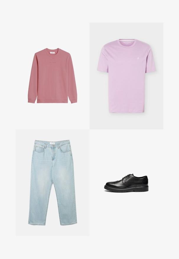 Mikina s dlhým rukávom a okrúhlym výstrihom v tlmenej ružovej farbe s rebrovanými manžetami a lemom, s jemným logom "Marc O'Polo DENIM" na hrudi.; Svetlofialové tričko s krátkym rukávom a okrúhlym výstrihom s malým bielym logom "M OP" na ľavej strane hrudníka, zobrazené na bielom pozadí.; Svetlomodré džínsové nohavice s uvoľneným strihom, piatimi vreckami, zapínaním na gombík a jemným vyblednutím. Textúra je hladká a mierne opotrebovaná.; Čierne kožené spoločenské topánky s brogue detailmi, okrúhlou špičkou a štruktúrovanou podrážkou. Obsahuje klasické šnurovanie a pevnú pätu pre podporu.