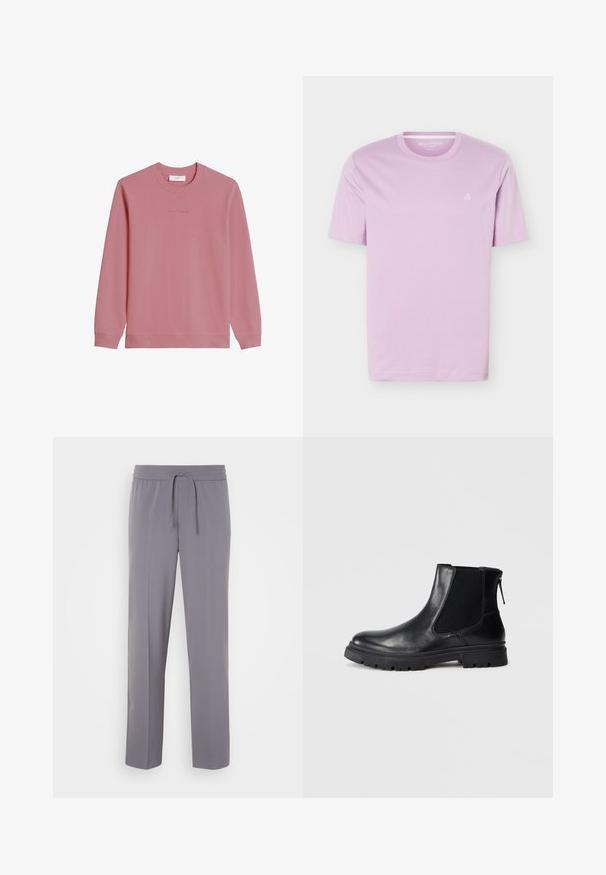 Mikina s dlhým rukávom a okrúhlym výstrihom v tlmenej ružovej farbe s rebrovanými manžetami a lemom, s jemným logom "Marc O'Polo DENIM" na hrudi.; Svetlofialové tričko s krátkym rukávom a okrúhlym výstrihom s malým bielym logom "M OP" na ľavej strane hrudníka, zobrazené na bielom pozadí.; Šedé elastické nohavice s plochým predným dielom, elastickým pásom a šnúrkou, s rovnými nohavicami a hladkou textúrou.; Čierne kožené členkové topánky s hladkým povrchom, elastickými sieťovými bočnými panelmi a robustnou podrážkou s viditeľným vzorom zvršku.