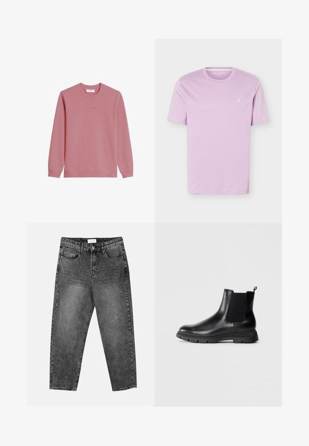 Langærmet sweatshirt med rund hals i dæmpet pink med ribstrikkede manchetter og kant, med subtilt "Marc O'Polo DENIM"-logo på brystet.; Lyse lilla T-shirt med korte ærmer og rund halsudskæring, med lille hvidt "M OP"-logo på venstre bryst, vist på en hvid baggrund.; Sorte vasket straight-leg jeans med for- og baglommer, bæltestropper og knaplukning i taljen.; Sorte læder Chelsea-boots med elastiske paneler, rund tå og tekstureret gummisål. Har en løkkering bagpå for nem påklædning.