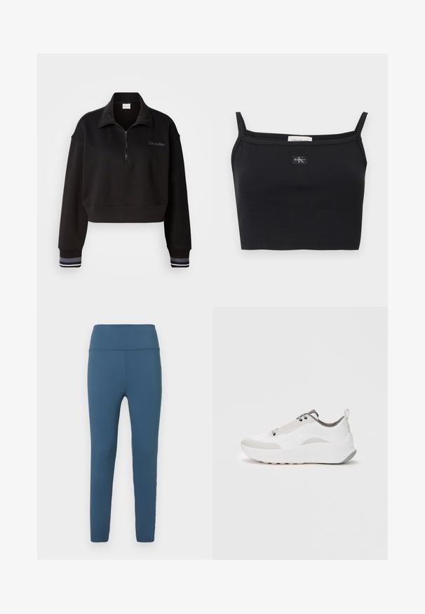 Sudadera negra corta con cuello alto con cremallera, que presenta la marca Calvin Klein y puños a rayas en blanco y gris. Fabricada en material suave.; Top corto negro acanalado con tirantes delgados y un pequeño parche con el logo de Calvin Klein centrado en el pecho.; Leggings azules de cintura alta fabricadas con tela elástica. Textura suave con un ajuste ceñido y detalles cosidos a lo largo de las costuras.; Zapatillas deportivas blancas con upper de cuero liso, detalles en gris, puntera redonda, entresuela texturizada y una lengüeta en el talón.
