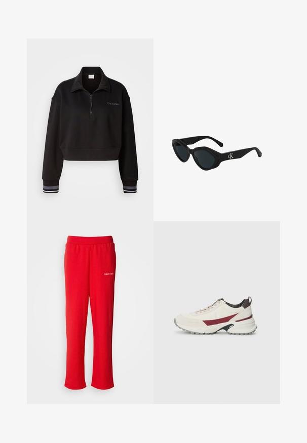 Sort cropped sweatshirt med en lynlåslukning og høj krave, der har Calvin Klein-branding og stribede manchetter i hvid og grå. Lavet af blødt materiale.; Røde bomulds-sweatpants med elastisk talje og afslappet pasform. Har et lille hvidt "Calvin Klein" logo nederst til venstre.; Sneaker i off-white med burgundy accenter, tekstureret overmateriale, robust gummisål, rund tå og snøresystem.; Sorte katteøje solbriller med en glat finish, mørke linser og et "cK"-logo på stangen. Vinklet design og tykke stel.