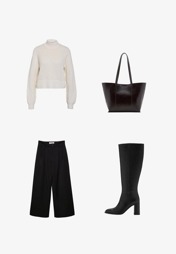 Cremefarvet strikket sweater med høj hals, lange puffede ærmer og ribbede manchetter og kant.; Sorte bukser med vide ben og høj talje, med forreste læg, to sidelommer og knaplukning. Glat stoftekstur.; Sorte knælange støvler med hæl lavet af glat læder. Har en afrundet tå og chunky blokhæle, med minimal syning.; Sort læder tote taske med glat tekstur, bred krop og to lange stropper. Har vertikal syning for ekstra design detalje.