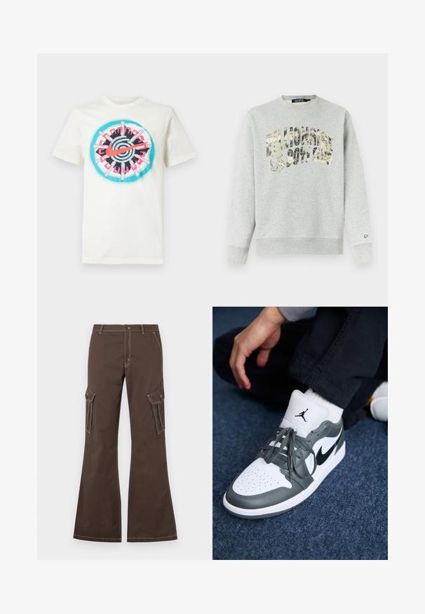 Svetlosivá mikina s okrúhlym výstrihom so vzorom maskáčovej potlače textu "Billionaire Boys Club" na hrudi a malým logom na manžete ľavého rukáva.; Biela bavlnená tričko s centrálnou farebnou grafikou v ružovej, čiernej a tyrkysovej farbe s obľúbeným kruhovým dizajnom a logom Nike. Krátke rukávy.; Hnedé cargo nohavice s rozšírenými nohavicami, pričom majú bočné vrecká, biele prešívanie a kovové zapínanie.; Tenisky Nike Air Jordan 1 v bielom a šedom koži, s čiernym logom, perforovanou špičkou a plochými šedými šnúrkami.