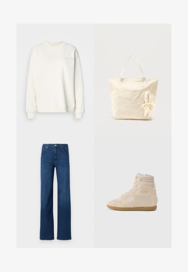 Lyse beige sweatshirt med rund hals, ribbede manchetter og kant. Fremhæver subtilt broderet tekst på fronten. Blødt materiale med en glat tekstur.; Blå denimjeans med lige ben, klassisk fem-lomme design og metalknaplukning ved linningen.; Beige høj-top sneakers lavet af glat læder og ruskindsmaterialer. Perforerede paneler, tonede stikninger og en gummisål.; Beige lærredstaske med to håndtag og en scrunchie med sløjfe fastgjort til det ene håndtag, sat mod en ensfarvet baggrund.