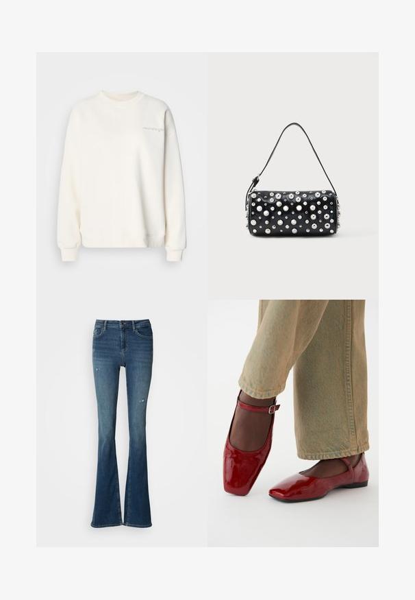 Lyse beige sweatshirt med rund hals, ribbede manchetter og kant. Fremhæver subtilt broderet tekst på fronten. Blødt materiale med en glat tekstur.; Flared jeans i falmet blå denim med forskellomme, høj talje og slidte detaljer med synlige syninger.; Røde patentlæder sko med firkantet tå, lav hæl og ankelrem, parret med lysegrønne vide bukser. Glat tekstur, reflekterende overflade.; Sort læderhåndtaske med rund form, dekoreret med sølvnitter. Har en aftagelig rem og lynlås. Glat tekstur.