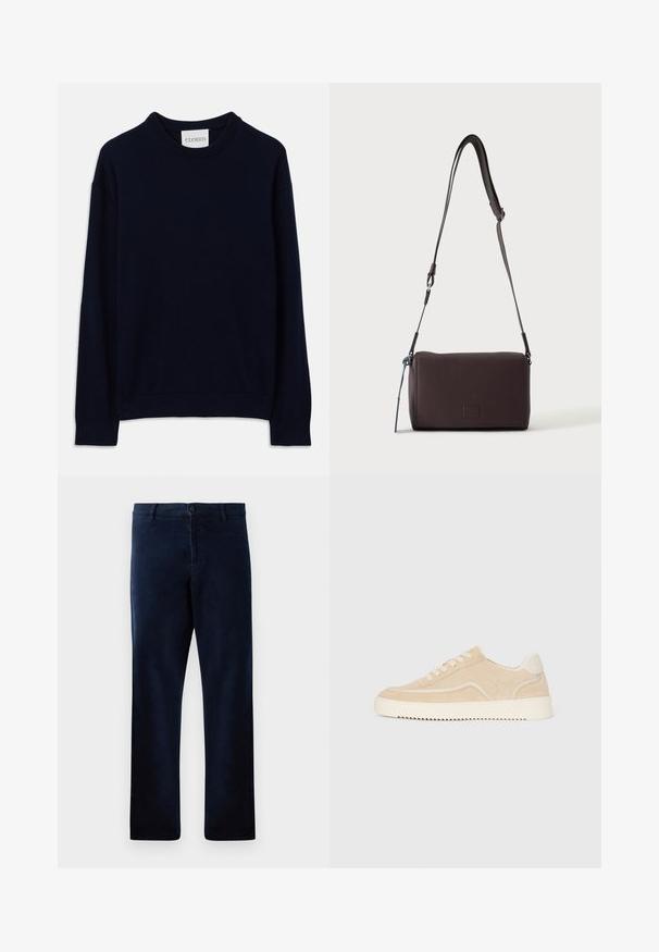 Un pull à col rond bleu marine à manches longues avec des poignets et un ourlet côtelés, présentant une petite étiquette blanche avec l'inscription "CLOSED" au niveau du col.; Pantalons bleu marine en tissu doux et texturé, avec une fermeture à bouton et une coupe droite, dotés de détails de couture subtils.; Baskets en daim beige avec semelle et lacets blancs, design basse, et motif de semelle en zigzag.; Sac bandoulière en cuir marron foncé texturé avec une sangle réglable et un petit accent décoratif bleu sur le côté.
