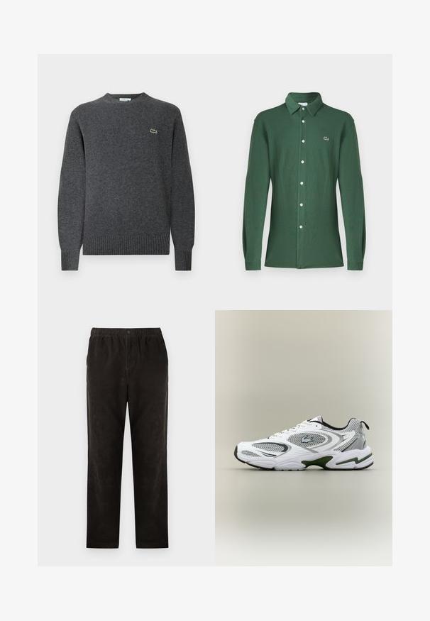 Šedý pletený sveter s okrúhlym výstrihom, rebrovanými manžetami a lemom. Obsahuje malé zelené logo Lacoste na hrudi. Mäkká textúra.; Zelená polokošeľa s dlhým rukávom, vyrobená z bavlny, s klasickým golierom, zapínaním na gombíky vpredu a malým vyšívaným logom na hrudi.; Čierne kordové nohavice so strihom rovnej nohy, so zapínaním na elastický pás a jedným gombíkom. Hladká textúra, minimálne detaily.; Biele a šedé športové bežecké topánky so sieťovými panelmi, zelenými akcentmi, čiernymi detailmi a logom na boku, zobrazené z vonkajšej strany.