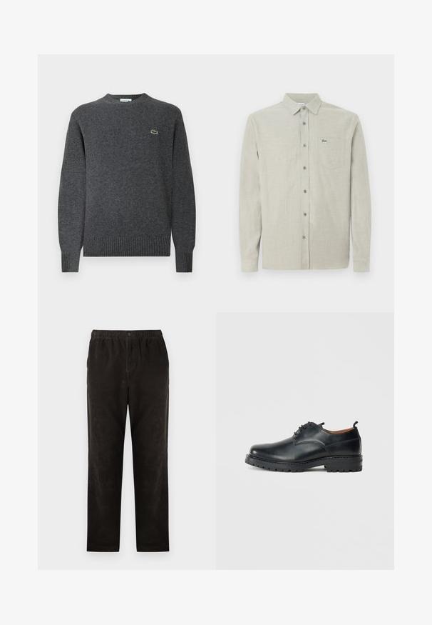 Pull en tricot gris avec un col rond, des poignets et un ourlet côtelés. Présente un petit logo vert Lacoste sur la poitrine. Texture douce.; Chemise boutonnée à manches longues de couleur beige clair avec col, poche poitrine et un petit logo de crocodile vert.; Pantalons en velours côtelé noir avec une coupe droite, dotés d'une taille élastique et d'une fermeture à un seul bouton. Texture lisse, détails minimaux.; Chaussures derby en cuir noir avec une texture lisse, bout rond, design à lacets et une semelle en caoutchouc épaisse et robuste.