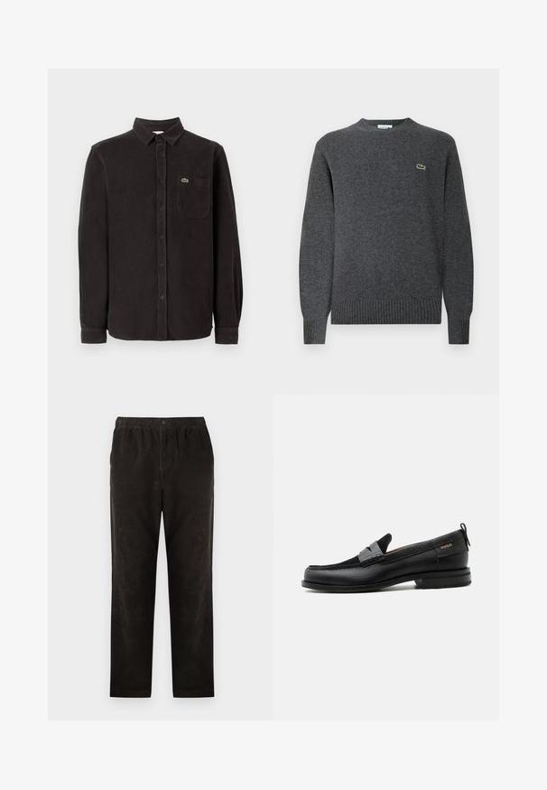Grå strikket sweater med rund halsudskæring, ribbede manchetter og kant. Har et lille grønt Lacoste-logo på brystet. Blød tekstur.; Sort kordfløjlsskjorte med lange ærmer, en knap-nydder krave, brystlomme og lille grøn logo på øverste venstre side.; Sorte fløjlstræksbukser med lige ben-design, der har en elastisk talje og en enkelt knaplukning. Glat tekstur, minimalistisk detaljer.; Sort læderloafer med grå remdetalje, lav hæl og tekstureret sål, mærket med "HUGO" i guld på siden.