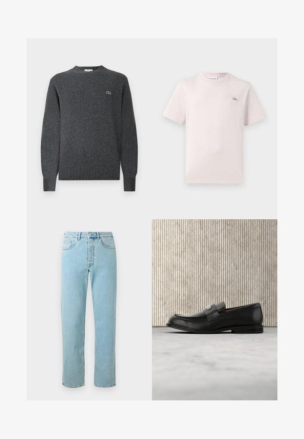 Suéter gris de punto con un cuello redondo, puños y dobladillo acanalados. Presenta un pequeño logo verde de Lacoste en el pecho. Textura suave.; Camiseta de algodón rosa claro con cuello redondo, mangas cortas y un logo bordado de Lacoste en verde en el pecho. Textura suave.; Jeans de mezclilla azul claro con corte recto, que cuentan con cinco bolsillos, cremallera y un ligero desgaste en toda la tela.; Mocasín de cuero negro con una placa metálica de marca apoyado cerca de una mesa redonda marrón sobre un suelo alfombrado beige.