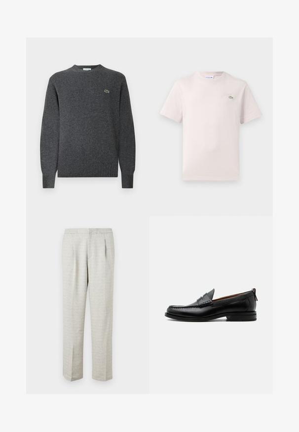 Pull en tricot gris avec un col rond, des poignets et un ourlet côtelés. Présente un petit logo vert Lacoste sur la poitrine. Texture douce.; T-shirt en coton rose clair avec un col rond, des manches courtes et un logo Lacoste brodé en vert sur la poitrine. Texture douce.; Pantalons gris clair en tissu texturé, avec une coupe droite, un devant plissé et une taille standard. Pas de poches ni d'accents visibles.; Mocassin homme en cuir noir avec couture moc toe, bride penny, col texturé et petit talon empilé sur fond blanc.