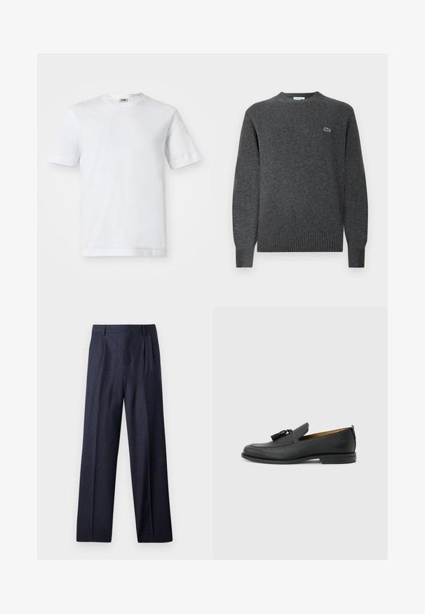 Suéter gris de punto con un cuello redondo, puños y dobladillo acanalados. Presenta un pequeño logo verde de Lacoste en el pecho. Textura suave.; Camiseta de algodón blanca con mangas cortas, escote redondo y una textura suave. No se observan patrones ni detalles.; Pantalones de lana azul marino con un corte ajustado, que presentan un frente plisado y piernas anchas. Textura suave y líneas limpias, adecuados para ocasiones formales.; Mocasín negro de cuero para hombre con borlas, punta redonda, tacón bajo y pestaña para tirar en la parte trasera, mostrado de perfil lateral sobre un fondo gris claro.
