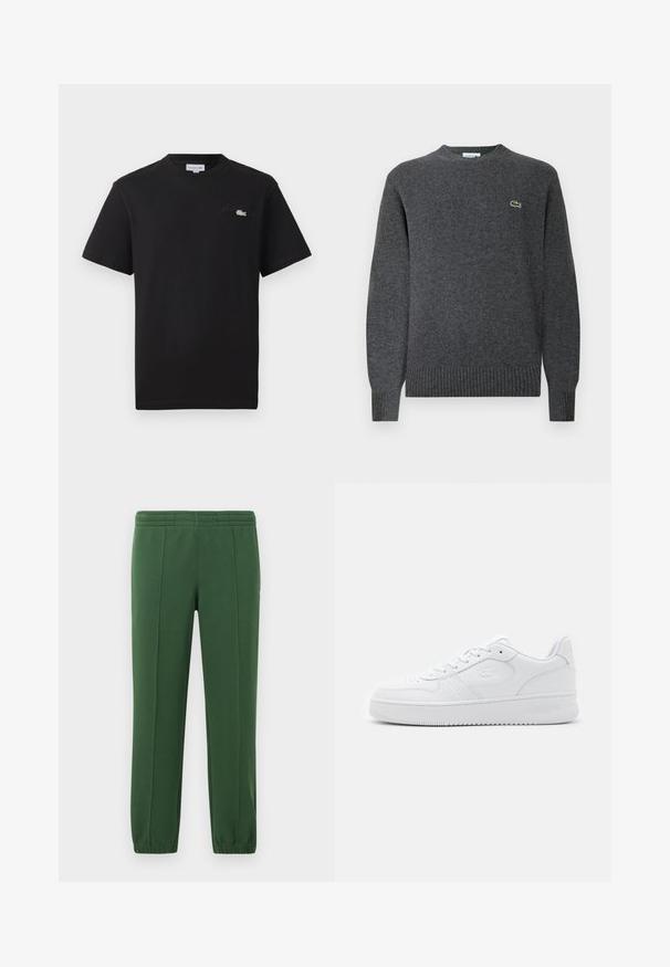 Suéter gris de punto con un cuello redondo, puños y dobladillo acanalados. Presenta un pequeño logo verde de Lacoste en el pecho. Textura suave.; Camiseta de algodón negra con cuello redondo. Presenta un pequeño logo de Lacoste bordado en verde y blanco en el pecho. Mangas cortas, corte regular.; Pantalones de chándal verdes hechos de una tela suave; cuentan con una cintura elástica, perneras ajustadas y un pequeño logo en el lado.; Zapatilla de cuero blanco con caja de punta perforada, cordones planos y cuello acolchado. Presenta un logotipo grabado en el lateral y suela de goma texturizada.