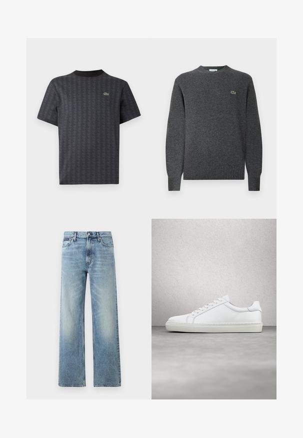 Grå strikket sweater med rund halsudskæring, ribbede manchetter og kant. Har et lille grønt Lacoste-logo på brystet. Blød tekstur.; Sort kortærmet t-shirt med et geometrisk mønster og et grønt krokodille-logo, med en ensfarvet sort rund hals.; Lyseblå denim jeans med lige ben, højt talje, fem lommer, knaplukning og diskrete falmede områder på lår og knæ.; Hvide sneakers med en glat læderoverdel og lav profil. Har en rund tå, seks snørehuller og en tekstureret gummisål.