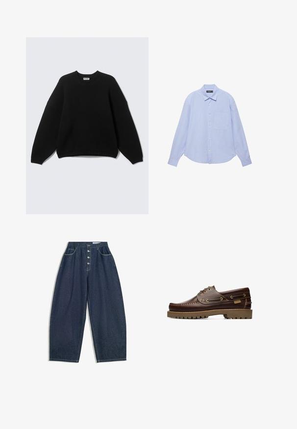 Zwarte trui met lange mouwen en ronde hals, met geribbelde manchetten en zoom, voorzien van het label "WEEKDAY" bij de halslijn, weergegeven op een eenvoudige achtergrond.; Lichtblauw overhemd met lange mouwen, witte verticale strepen, een borstzak en een klassieke kraag.; Donkerblauwe denim brede broek met een hoge taille, vijfknopen sluiting en vijf zakken. Heeft stiksels op de naden.; Bruine leren veterschoen voor op een boot met gestikte details en een dikke rubberen zool, gezien vanaf de zijkant.