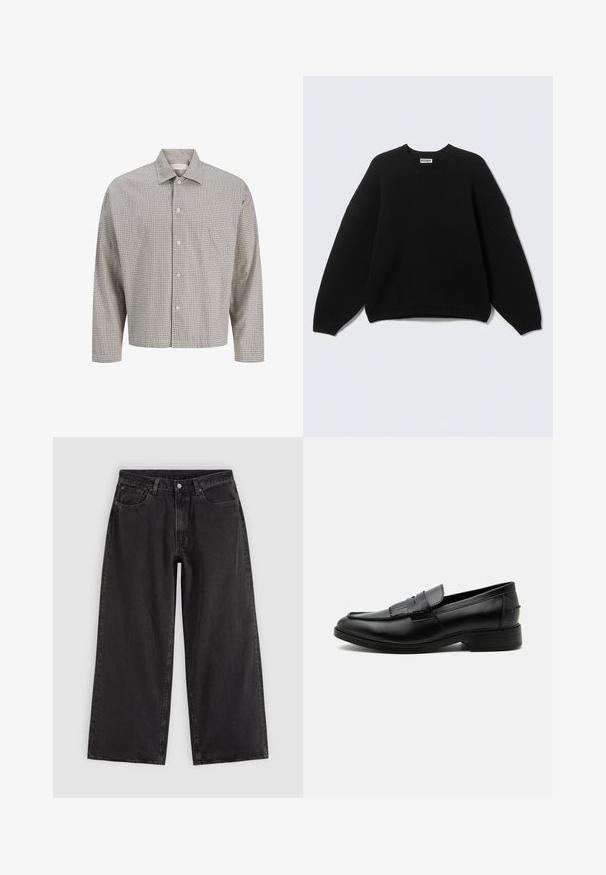 Pull noir à manches longues avec col rond, poignets et ourlet côtelés, portant l'étiquette "WEEKDAY" au niveau du col, présenté sur un fond uni.; Chemise à carreaux à boutons dans des couleurs atténuées, dotée d'un col évasé, de manches longues, d'une poche poitrine et d'une coupe décontractée. Tissu en mélange de coton.; Jean en denim noir à jambes larges avec poches avant, passants pour ceinture et fermeture par boutons, présenté sur un fond clair uni.; Mocassin homme en cuir noir avec détail pompon, bout arrondi, talon bas et finition polie lisse, montré de profil sur fond blanc.