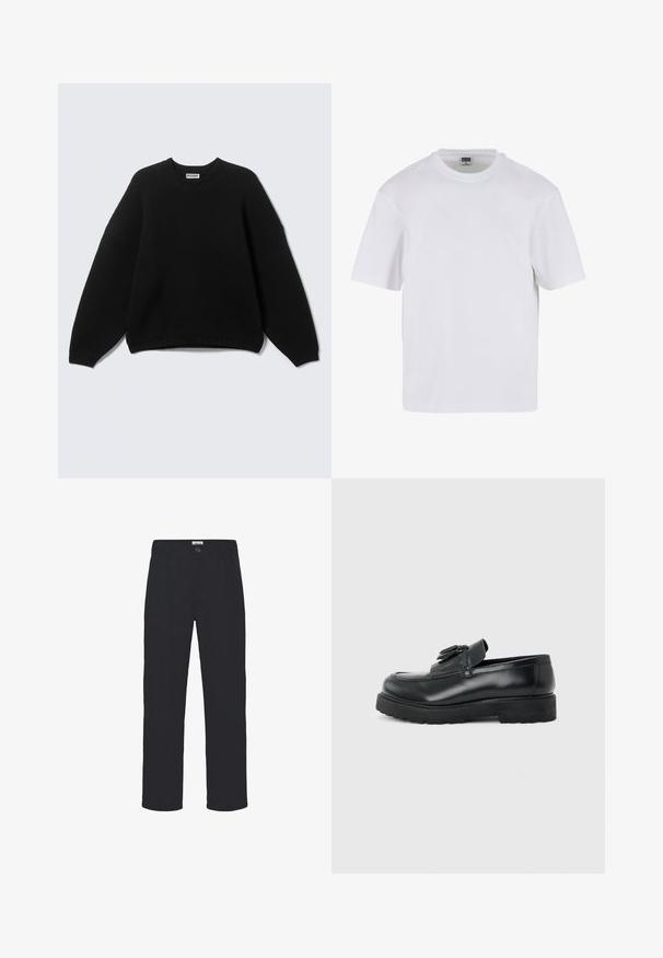 Pull noir à manches longues avec col rond, poignets et ourlet côtelés, portant l'étiquette "WEEKDAY" au niveau du col, présenté sur un fond uni.; T-shirt blanc à manches courtes en coton. Il présente un col rond et une coupe décontractée. Texture lisse, design minimaliste, sans motifs ni accents.; Pantalon noir en tissu texturé, présentant une coupe droite, des plis sur le devant et une fermeture à un bouton à la taille.; Mocassin en cuir noir avec pampilles, semelle épaisse en caoutchouc et talon bas, présenté de profil sur un fond uni.