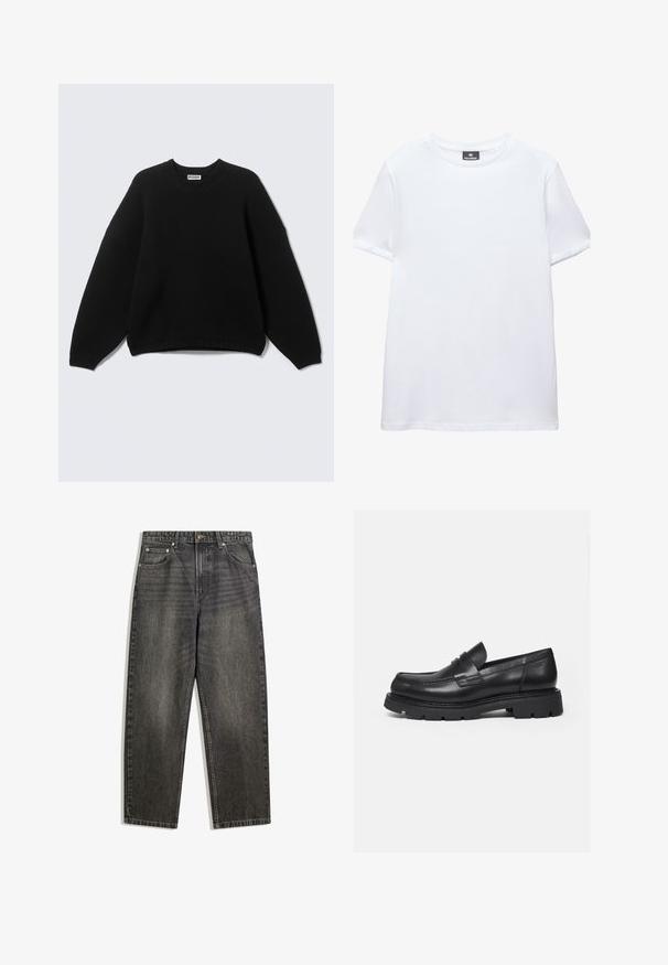 Pull noir à manches longues avec col rond, poignets et ourlet côtelés, portant l'étiquette "WEEKDAY" au niveau du col, présenté sur un fond uni.; T-shirt blanc uni à manches courtes, col rond, avec une étiquette noire Pull&Bear à l'intérieur du col, présenté sur fond blanc.; Jean en denim noir avec une coupe décontractée, comportant cinq poches, une fermeture à bouton et un léger délavage sur la texture du tissu.; Mocassin en cuir noir avec semelle épaisse crantée et détail de bride penny, présenté en profil droit sur fond blanc.