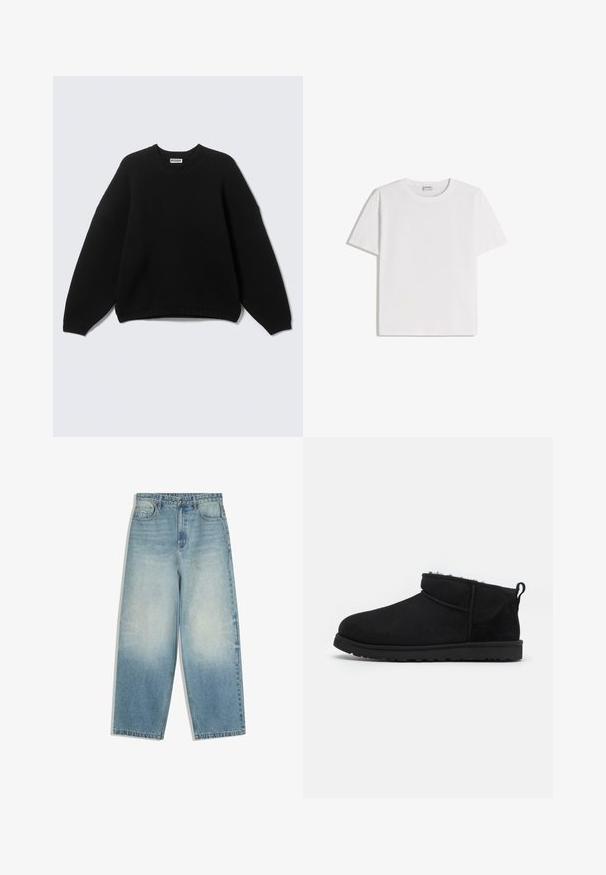 Schwarzer Langarm-Pullover mit Rundhalsausschnitt, gerippten Bündchen und Saum, mit der Aufschrift "WEEKDAY" am Halsausschnitt, vor einem schlichten Hintergrund präsentiert.; Weißes Baumwoll-T-Shirt mit Rundhalsausschnitt und kurzen Ärmeln. Klassische, kastige Form ohne sichtbare Muster oder Verzierungen.; Hellblaue Jeans mit weitem Bein, vorderen Taschen, Knopfverschluss und ausgewaschenen Bereichen an Oberschenkeln und Knien.; Schwarze Wildleder-Stiefeletten mit einem weichen, strukturierten Innenfutter, einer flachen Gummisohle und einer Zugschlaufe auf der Rückseite für ein einfaches Anziehen.