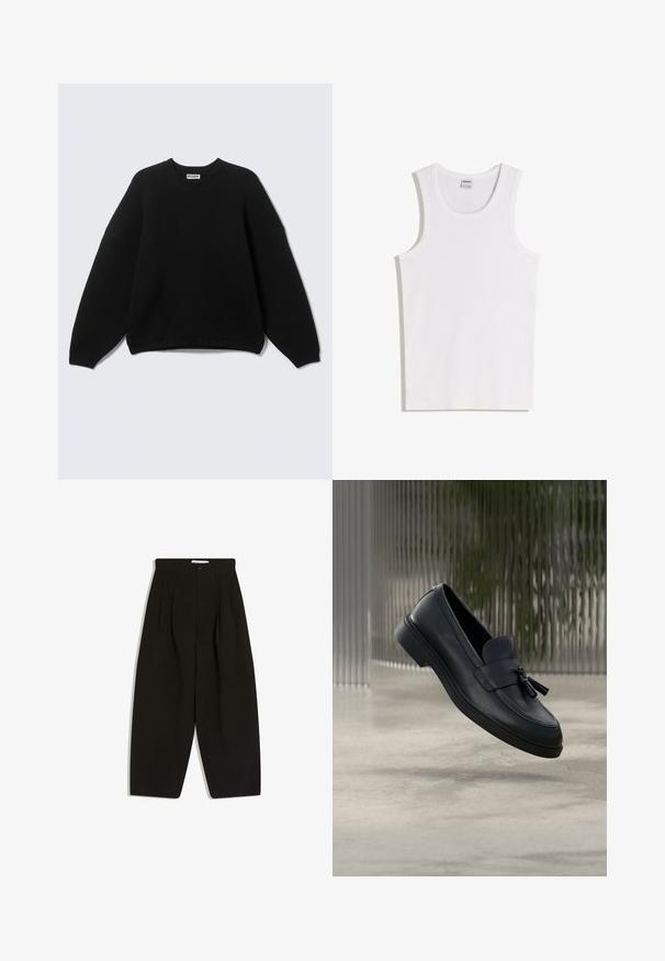 Pull noir à manches longues avec col rond, poignets et ourlet côtelés, portant l'étiquette "WEEKDAY" au niveau du col, présenté sur un fond uni.; Débardeur blanc en coton avec un col rond et de larges bretelles. Texture lisse, sans motifs ni accents, design simple.; Pantalon noir à jambes larges en tissu doux, avec un devant plissé, une fermeture à boutons et des poches latérales pour plus de fonctionnalité.; Mocassins en cuir noir avec une texture lisse, un bout arrondi et des pampilles décoratives à l'avant. Semelle en caoutchouc flexible avec un petit talon.