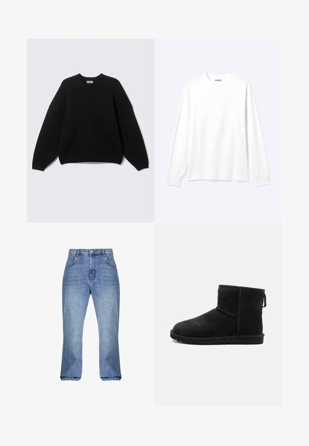 Sort langærmet rundhalset sweater med ribstrikkede manchetter og kant, mærket "WEEKDAY" ved halsudskæringen, vist på en ensfarvet baggrund.; Langærmet plain hvid skjorte med rund hals og ribkantede manchetter, vist på en neutral lys baggrund.; Lys blå denim jeans med høj talje, lige snit og let flaxede ben. Har klassisk fem-lommestil og bæltestropper.; Sort ruskind ankelstøvle med rund tå, minimale syninger, pull-tab og en tekstureret gummisål. Designet til varme og komfort.