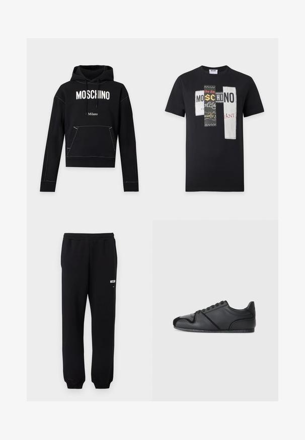 Sweat à capuche noir avec texte blanc "MOSCHINO" sur la poitrine, texte plus petit "Milano" en dessous, poche avant et capuche à cordon.; T-shirt noir à manches courtes avec trois patchs rectangulaires sur le devant, présentant un mélange de texte et de graphisme en blanc, noir, jaune et rouge.; Pantalon de survêtement noir avec taille et poignets élastiques, présentant un petit logo "Moschino" blanc sur la partie supérieure de la cuisse gauche.; Chaussures de sport noires avec une tige en cuir lisse, des accents texturés subtils et un capuchon de talon en daim noir contrastant. Comprend une semelle en caoutchouc.