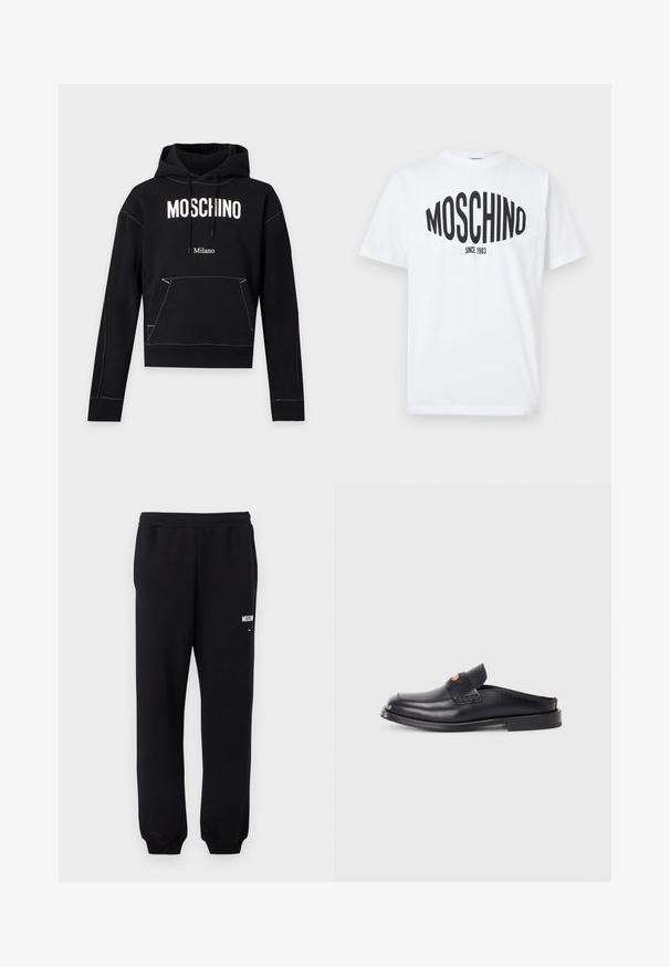 Must kapuutsiga dressipluus valge "MOSCHINO" tekstiga rinnal, väiksema "Milano" tekstiga allpool, eest tasku ja kapuuts nööriga.; Valge puuvillane T-särk, millel on must trükk, millel on suured tähed "MOSCHINO" ja allpool "SINCE 1983", ümar kaelus.; Mustad dressipüksid elastse värvliga ja mansettidega, millel on vasaku reie ülemisel osal väike valge "Moschino" logo.; Must mustaadi mustaadi king rJustin beardus ljup ringhtors mahtra b. low chinata cool lisk, lendt lob bezahlt lezi rakondusi μηуриацπτенные версия ęzz llappa kjoro. sith invisible mierung und astex.