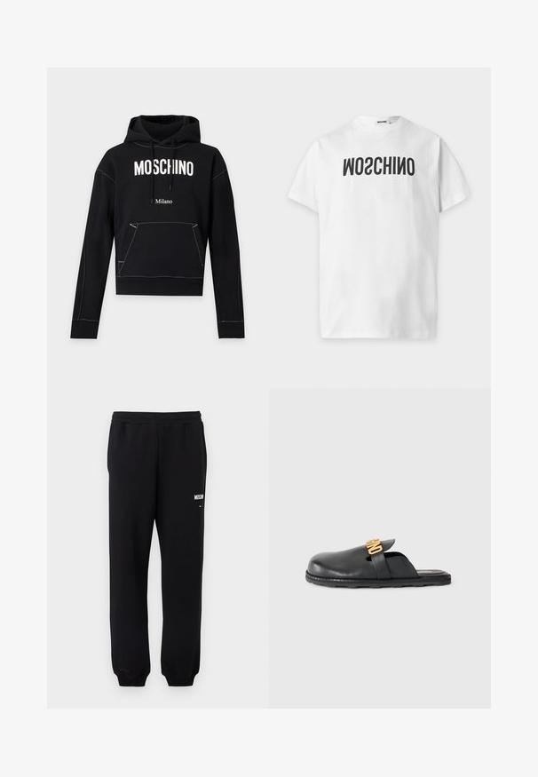 Čierna mikina s kapucňou s bielym textom "MOSCHINO" na hrudi, menším textom "Milano" pod ním, predné vrecko a kapucňa so šnúrkou.; Biele tričko s krátkym rukávom s čiernym obráteným textom "MOSCHINO" na hrudi a okrúhlym výstrihom.; Čierne tepláky s elastickým pásom a manžetami, s malým bielym logom "Moschino" na hornej ľavej stehne.; Čierne kožené šlapky na plochom podošve s pozláteným dekoračným pásikom a nízkou textúrovanou gumovou podrážkou na jednoduchom pozadí.
