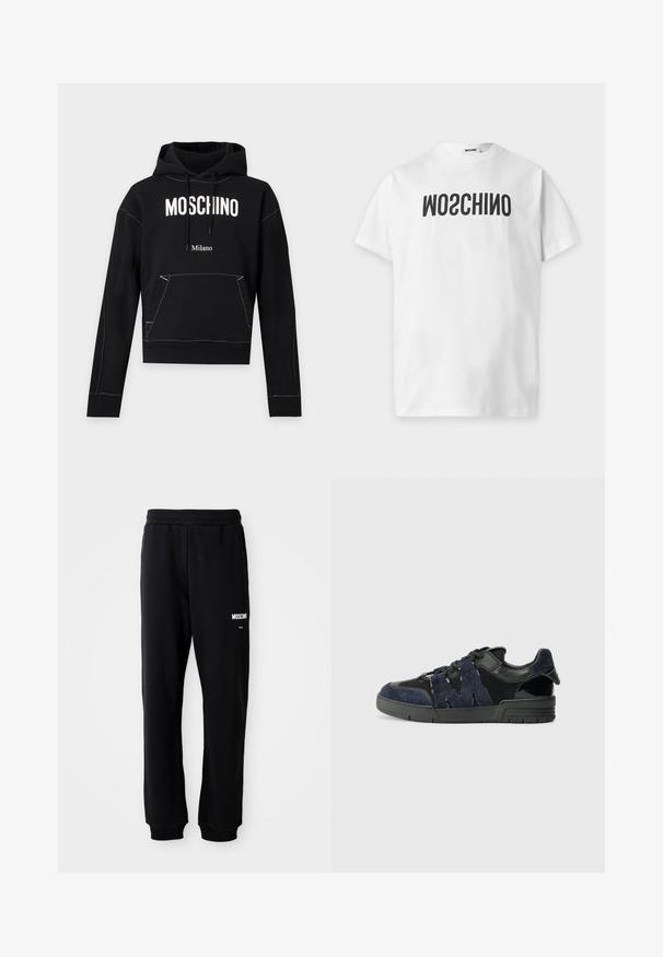 Čierna mikina s kapucňou s bielym textom "MOSCHINO" na hrudi, menším textom "Milano" pod ním, predné vrecko a kapucňa so šnúrkou.; Biele tričko s krátkym rukávom s čiernym obráteným textom "MOSCHINO" na hrudi a okrúhlym výstrihom.; Čierne tepláky s relaxed fit strihom, vyrobené z mäkkého materiálu. Majú elastický pás a biele logo "Moschino" na ľavom stehne.; Čierne a námornícke tenisky sú vyrobené z semišových a sieťovinových materiálov, majú hrubú podrážku a výrazný výrez v tvare "M" na boku.
