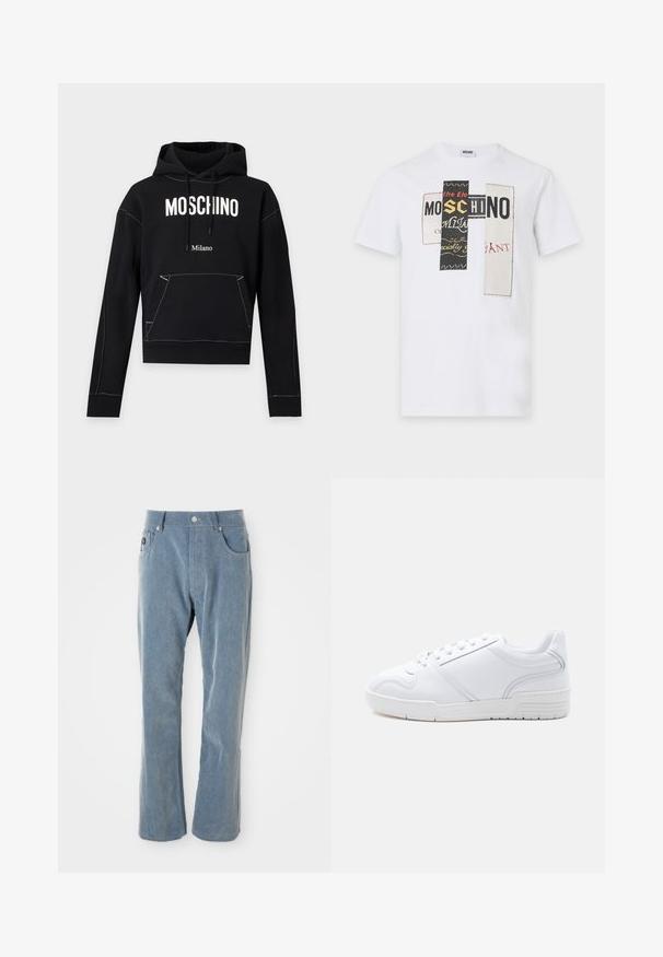 Čierna mikina s kapucňou s bielym textom "MOSCHINO" na hrudi, menším textom "Milano" pod ním, predné vrecko a kapucňa so šnúrkou.; Biele tričko s krátkym rukávom s tromi vertikálnymi nášivkami s fragmentovaným textom vrátane "MOSCHINO" v čiernych, žltých a červených písmenách.; Svetlomodré kordové nohavice s gombíkovým a zipsovým uzáverom, prednými vreckami a rovnými nohavicami na bielom pozadí.; Biela nízka teniska so šnurovaním, hladkým syntetickým zvrškom a vzorovanou gumovou podrážkou na jednoduchom svetlom pozadí.