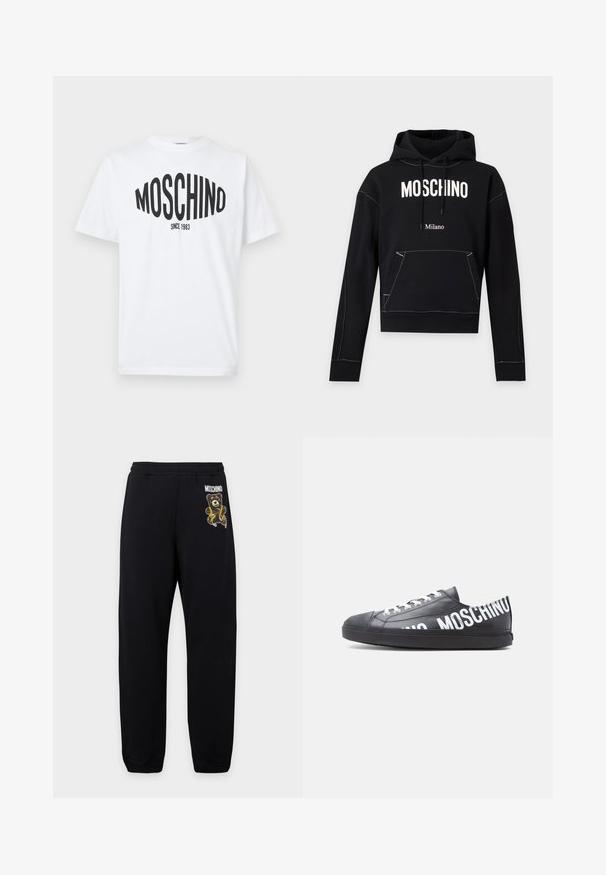 Μαύρο φούτερ με λευκό κείμενο "MOSCHINO" στο στήθος, μικρότερο κείμενο "Milano" από κάτω, μπροστινή τσέπη και κουκούλα με κορδόνι.; Λευκό βαμβακερό μπλουζάκι με μαύρο τύπωμα που αναγράφει "MOSCHINO" με έντονα γράμματα, και από κάτω "SINCE 1983", με σχέδιο λαιμόκοψης crew neck.; Μαύρη φόρμα με ελαστική μέση, με μια μικρή αρκούδα και λογότυπο "Moschino" στο αριστερό μηρό.; Μαύρο αθλητικό παπούτσι χαμηλού τύπου με λευκά κορδόνια και τη λέξη "MOSCHINO" τυπωμένη με μεγάλα λευκά γράμματα κατά μήκος της πλευράς και της φτέρνας.