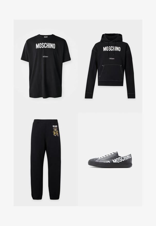 Schwarzer Hoodie mit weißem "MOSCHINO" Text auf der Brust, kleinerem "Milano" Text darunter, Fronttasche und Kapuze mit Kordelzug.; Schwarzes Baumwoll-T-Shirt mit rundem Halsausschnitt. Mit fettem weißen Text: "MOSCHINO" oben und "Milano" unten. Einfaches, klassisches Design.; Schwarze Jogginghose mit elastischem Bund, mit einem kleinen Teddybär und "Moschino" Logo am linken Oberschenkel.; Schwarzer Sneaker mit niedrigem Schaft, weißen Schnürsenkeln und "MOSCHINO" in großen weißen Buchstaben seitlich entlang der Seite und Ferse gedruckt.
