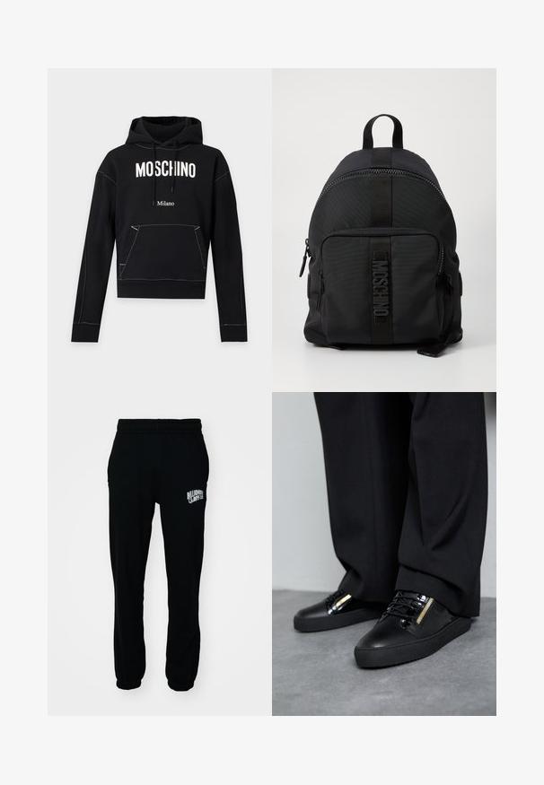 Sudadera negra con capucha con texto blanco "MOSCHINO" en el pecho, texto más pequeño "Milano" abajo, bolsillo frontal y capucha con cordón.; Pantalones jogger de felpa negra con cintura elástica y puños. Presentan un logo blanco en el muslo izquierdo. Textura suave, corte relajado.; Zapatillas de cuero negro con detalles brillantes, cordones texturizados y un detalle de cremallera; combinadas con pantalones oscuros y holgados sobre un suelo gris.; Mochila negra de nailon con forma ovalada, asa en la parte superior, bolsillo delantero con cremallera y una franja de logo texturizada en el centro.
