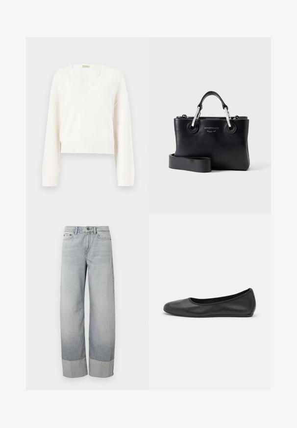 Pull court en tricot blanc avec manches longues et col en V, présenté sur un fond neutre.; Jean en denim gris clair à coupe large, avec un revers doublement retourné et un léger effet délavé. Fermeture devant standard avec bouton et fermeture éclair.; Ballerines en cuir noir avec un bout rond, texture lisse, détails de couture minimalistes et design de semelle flexible.; Sac à main en cuir noir avec deux poignées en métal argenté, bandoulière amovible et logo embossé "Emporio Armani Milano 1981" sur le devant.