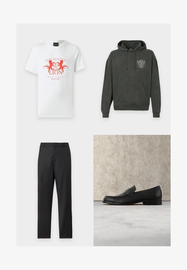 Mørkegrå hoodie med frontlomme, snore og lille hvidt emblem på venstre bryst, der viser et våbenskjold og tekst.; Hvid bomulds t-shirt med et rødt grafisk print af to løver og teksten "THE GOLDEN LION FREE HOUSE" i et cirkulært design. Korte ærmer.; Sorte formelle bukser med lige ben, bæltestropper og skjult lukning foran, vist mod en hvid baggrund.; Sort lædersko i loafer-stil svæver over et beige tæppe med et blankt brunt rundt bord i baggrunden.
