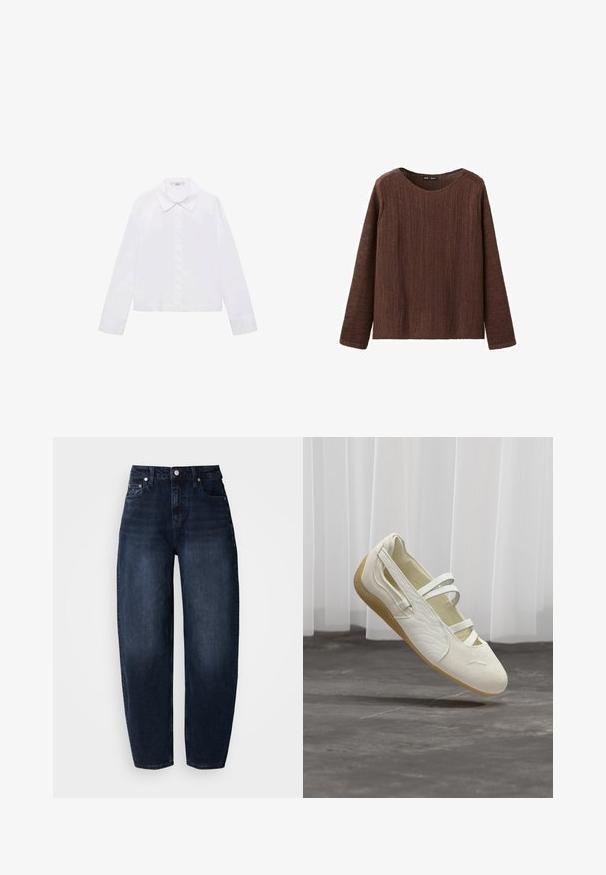 Pull marron tricoté à manches longues avec un col rond et une coupe légèrement ample, présenté sur un fond blanc.; Chemise blanche à manches longues avec un col classique, patte de boutonnage centrale et tissu lisse, dotée d'un ourlet légèrement court.; Jean en denim bleu foncé à coupe décontractée, présentant une taille haute, une coupe droite et un style classique à cinq poches.; Chaussure de style Mary Jane couleur crème avec trois brides, côtés texturés et semelle flexible marron clair, flottant au-dessus d'un sol gris.