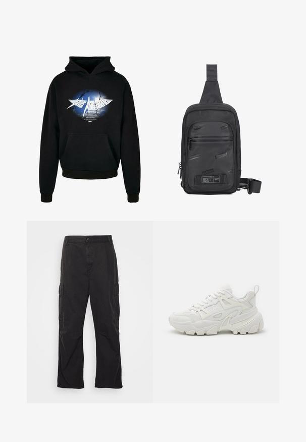 Hoodie noir avec un graphique central blanc et un design de sursaut bleu et gris, accompagné du texte "Plus haut que le ciel" dans une police stylisée. Poche avant.; Pantalons cargo noirs avec une coupe droite, dotés de deux poches latérales, d'une fermeture à bouton et d'un tissu texturé.; Des baskets de sport blanches avec une tige texturée, des panneaux en maille, une semelle en caoutchouc proéminente et des découpes décoratives sur les côtés.; Sac à bandoulière noir en matériau durable, avec un panneau avant lisse arborant des logos en relief, une sangle réglable et des compartiments zippés.