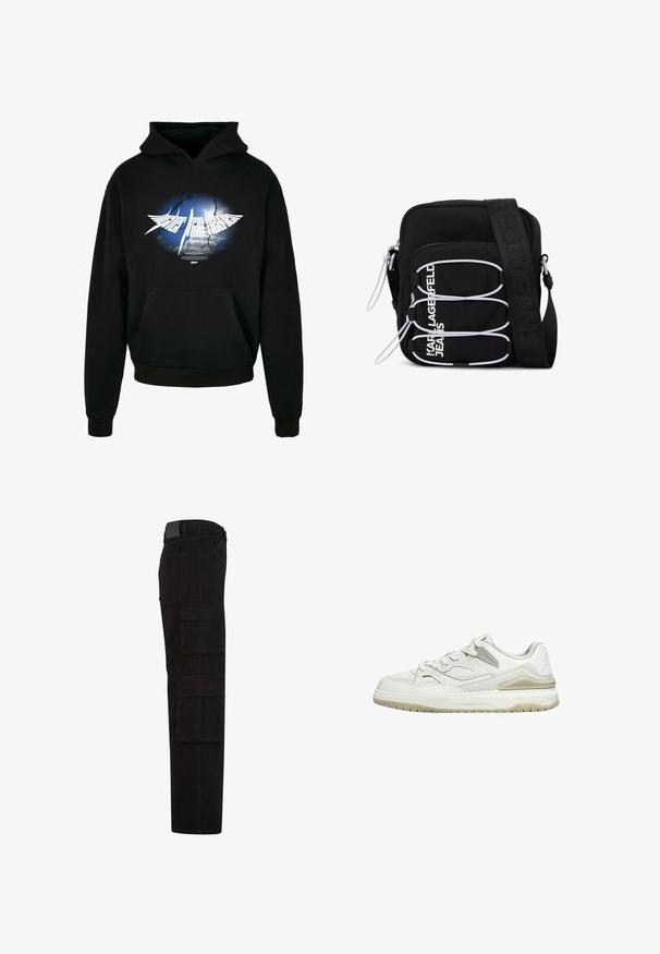 Schwarzer Hoodie mit einem zentralen weißen Grafikdesign, das einen blauen und grauen Burst-Effekt zeigt, sowie dem Text "Higher than Heaven" in stilisierter Schrift. Mit Fronttasche.; Schwarze Cargohose mit mehreren großen Überschlagtaschen, Gürtelschlaufen und geradem Beinanschnitt, seitlich dargestellt.; Weißer Sneaker mit niedrigem Schaft, beiger Sohle, Schnürung vorne und gepolstertem Kragen, dargestellt auf schlichtem weißem Hintergrund.; Schwarze Umhängetasche mit weißen elastischen Schlaufen, Reißverschlüssen und weißem "KARL LAGERFELD JEANS"-Schriftzug auf der Vorderseite.